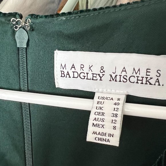 Badgley Mischka – Velvet Metallic Pinstripe Faux Wrap Dress – Emerald Green - Picture 8 of 8